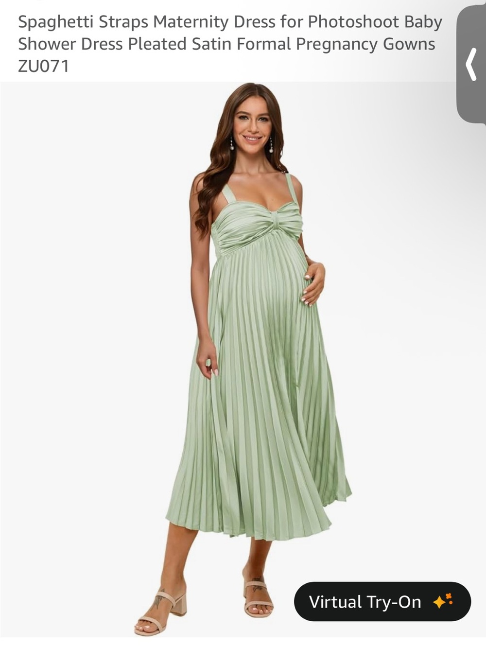 Spaghetti Strap Pleated Maternity Dress in Sage Green